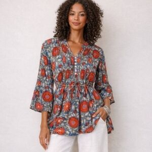 Trade Cloth Artisan Boho Floral Pintuck Tunic Bell Sleeve Lagenlook Cotton S